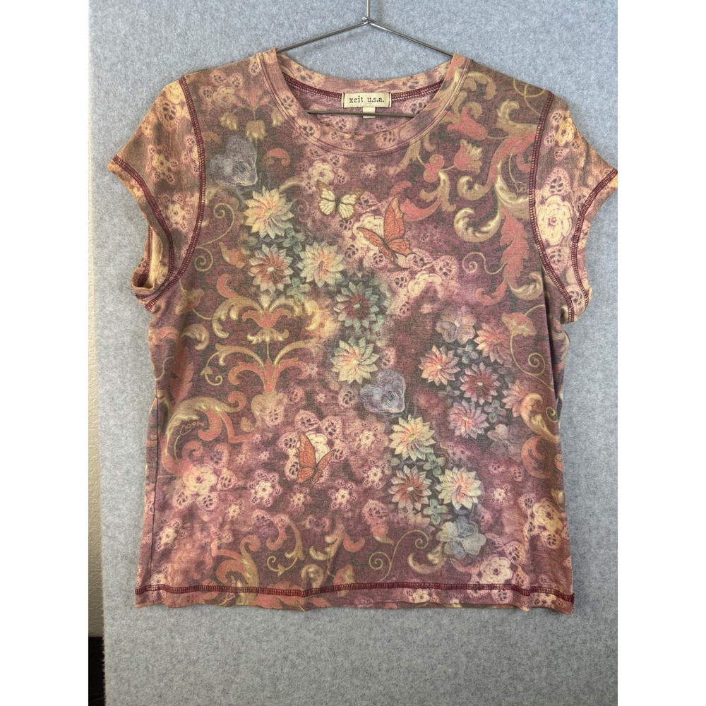 Xcit USA Womens Floral Butterfly Print Cap Sleeve Tee Shirt Brown